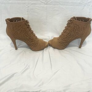 New Women's Tan Peep-Toe Heeled Booties